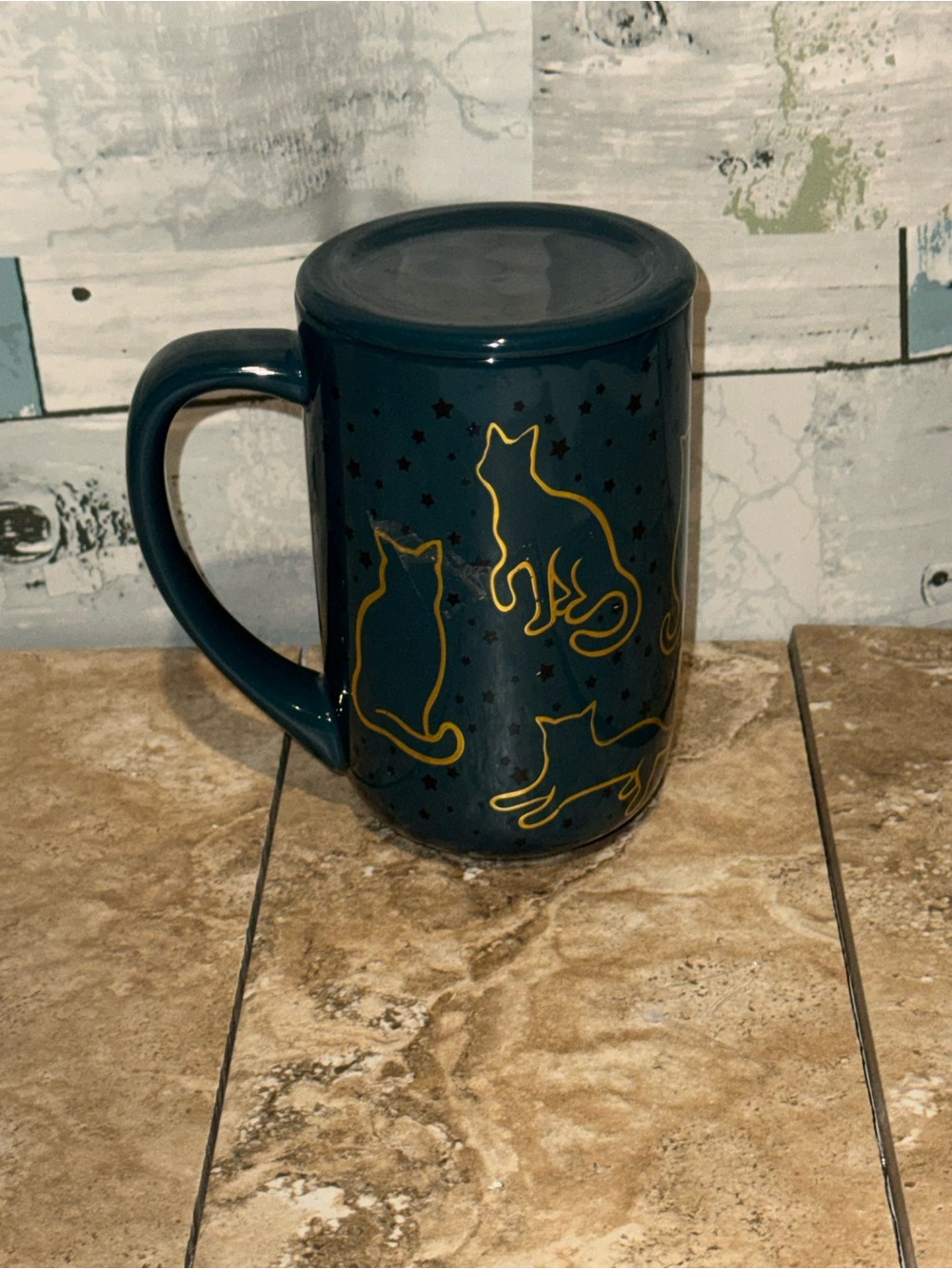 DAVIDsTEA Blue White Gold Cat Pattern Glossy Ceramic Coffee Mug Hand Wash Only